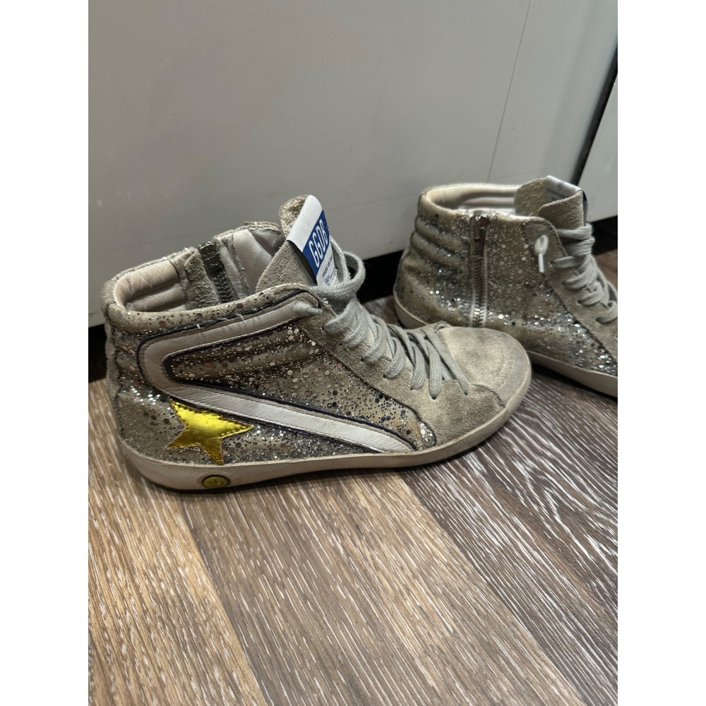 Golden Goose Slide Sneakers Silver Glitter White Leather High Top Gold Star 35